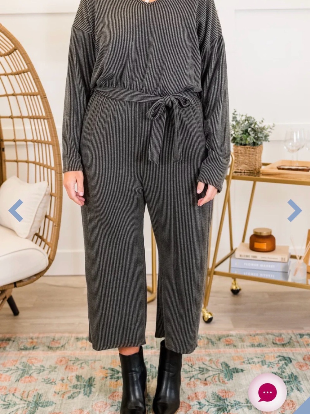 Ribbed Tie-Waist Cropped Jumpsuit - Charcoal